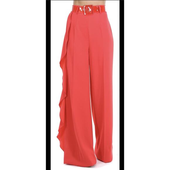Elisabetta Franchi One Side Ruffle Wide Leg Pants In Red Size 42 - Picture 1 of 11